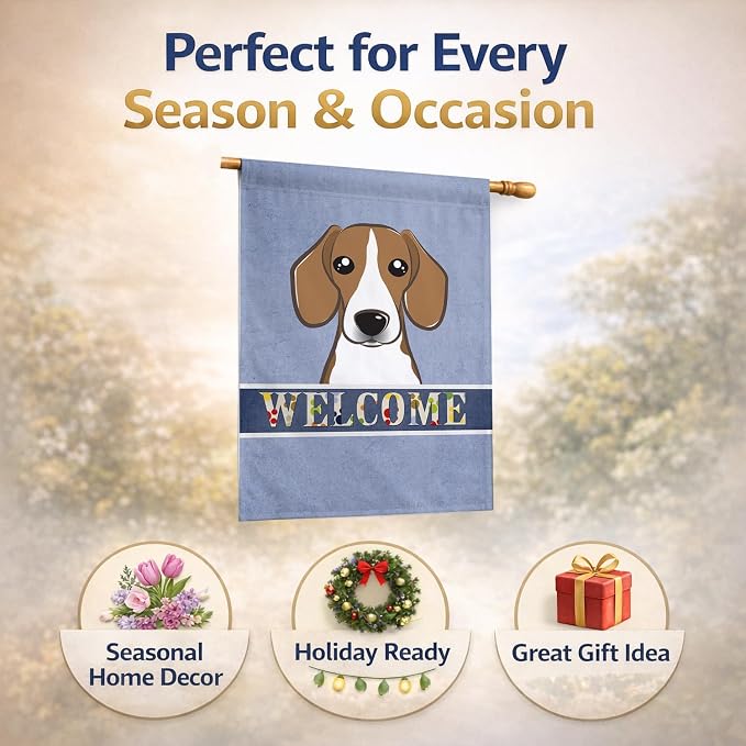 Caroline's Treasures BB1425CHF Beagle Welcome House Flag, Blue Large Porch Sleeve Pole Decorative Outside Yard Banner Artwork Wall Hanging, Polyester, House Size, Multicolor