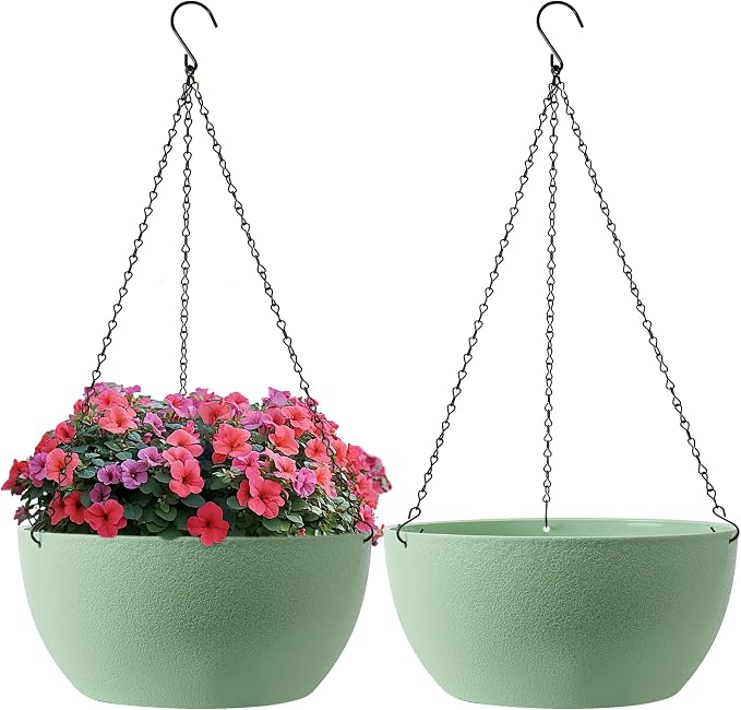 T4U 12 Inch Hanging Planters for Indoor Outdoor Plants, 2 Pack Plastic Hanging Planter, Indoor Hanging Plant Pots, Hanging Basket with Drainage Holes, Flower Pots for Garden Home Decor, Green