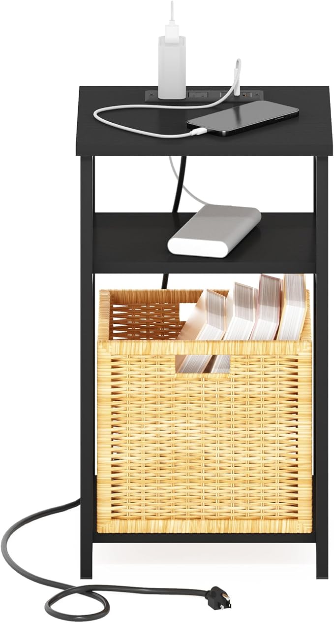 Furinno Moretti Side Table, 3-Tier Modern End Table with Charging Station, Metal Frame Night Stand, Bedside Table with USB and Type-C Port, for Living Room, Bedroom, Americano