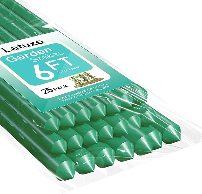 Garden Stakes 6FT 25pcs, Plastic Coated Steel Stakes Specifically Designed for Climbing Plants, Ideal for Tomatoes, Beans, Cucumbers, Peppers, Vines, and More Plant Growth