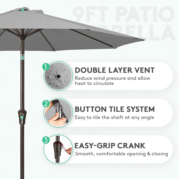 JEAREY 9FT Outdoor Patio Umbrella Outdoor Table Umbrella with Push Button Tilt and Crank, Market Umbrella 8 Sturdy Ribs UV Protection Waterproof for Garden, Deck, Backyard, Pool (Light Gray)