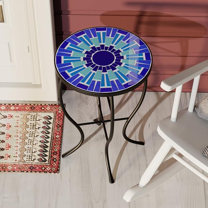 FROMJBEST Mosaic Outdoor Side Table, Patio Side Table, Weather Resistant 14" Diameter 21" H Ceramic Tile Round Outside Table for Patio, Porch, Garden, Pool, Indoor&Outdoor,Plant Stand (Vortex)
