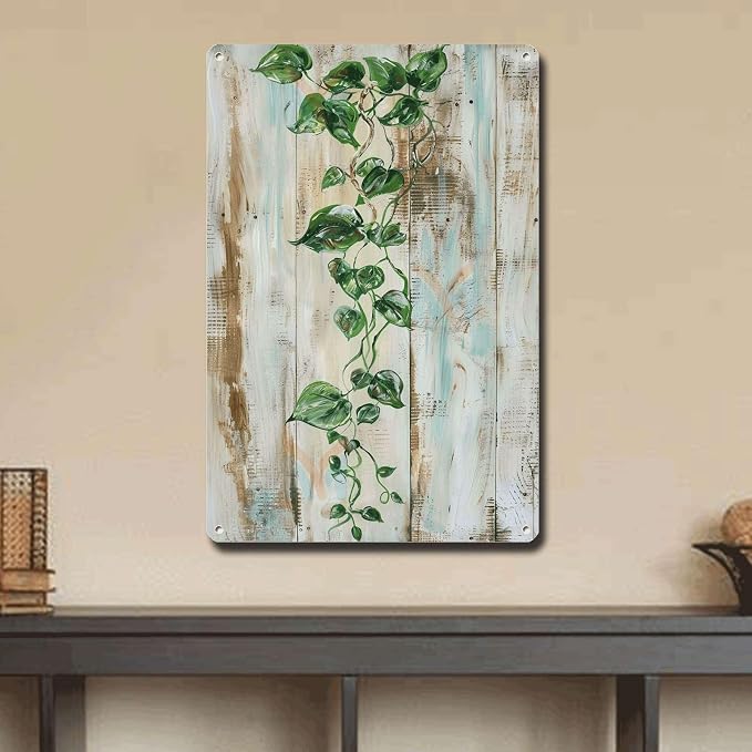 Metal Sign Tin Sign Vintage Wall Art Vintage Pothos Vine Tin Sign for Shabby Chic Style Rustic Elegance and Trailing Green Stems Restroom Tin Sign for Pub 12×16 Inches