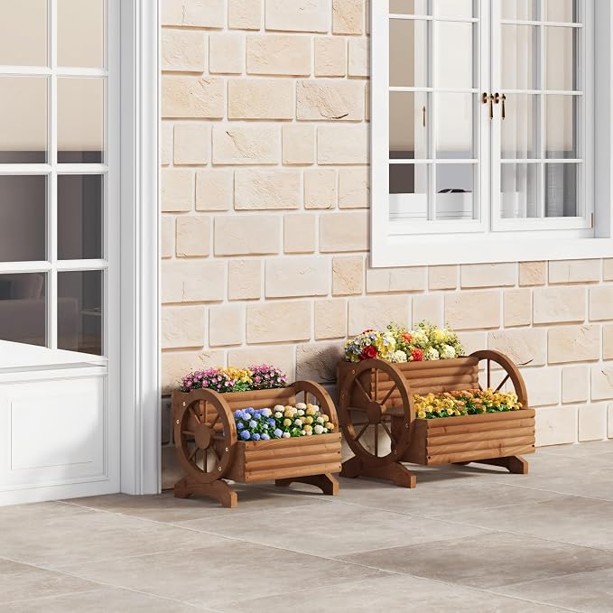 Wooden Wagon Planter with Wheels, Flower Pots, Brown, Large | Outdoor Flower Cart, For Patio Balcony Decoration, Succulent Flower Pot, Indoor Backyard Yard Decor