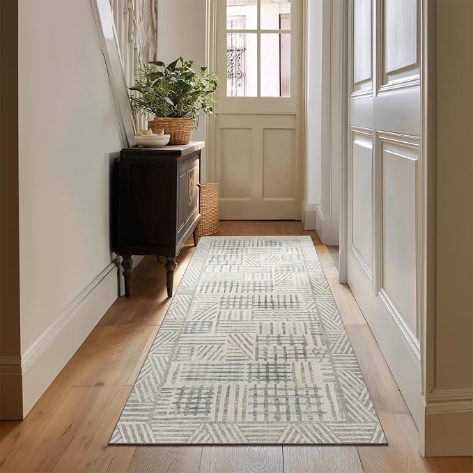 Area Rug 2x6 Abstract Geometric Textured Brushstroke - Neutral Gray & Light Blue Modern Minimalist Hallway Runner Rug, Decorative Carpet for Living Room Bedroom Home Decor