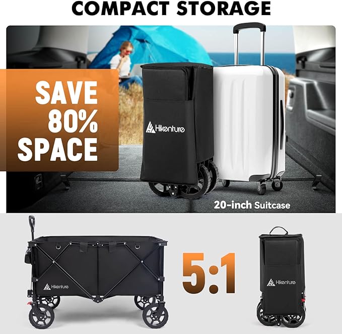 Hikenture Wagons Carts Foldable 330LBS, Heavy Duty Collapsible Wagon | Utility Wagon for Grocery, Garden, Camping & Sports Gear; One-Hand Fold; 360-Degree Wheels; Built-In Wheel Brake