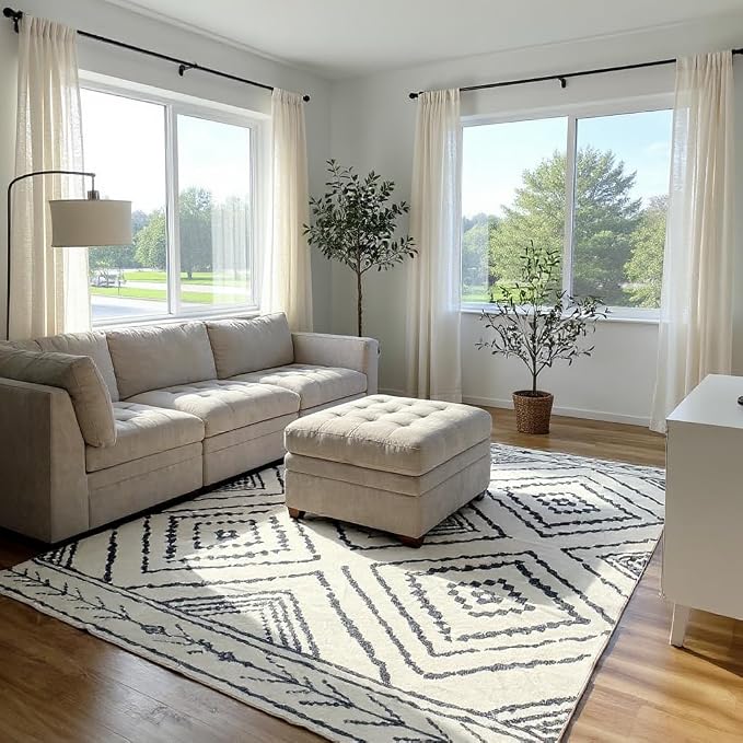 8'x10' Washable Area Rug for Living Room Bedroom White Black | Soft Western No Slip Low Pile Print Foldable Indoor for Kitchen Dining Room