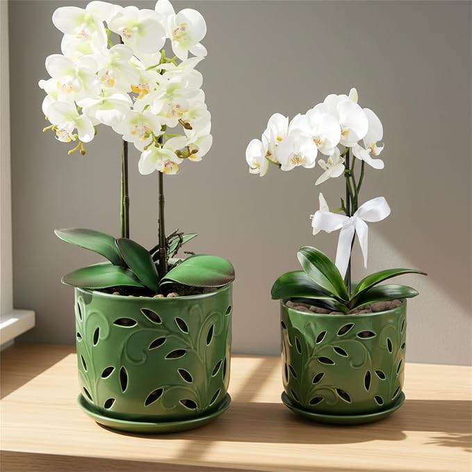EFISPSS Orchid Pot with Holes, 5+6Inch Ceramic Plant Pots with Drainage Holes and Tray, Promoting Air Circulation and Drainage, Indoor/Outdoor Flower Pots-Green