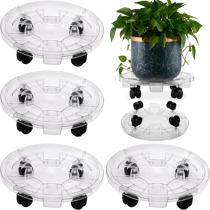 4 Packs 13 Inches Large Clear Plant Caddy Plant Saucers on Wheels Rolling Plant Stands Heavy-duty Plant Dolly Plastic Planter Roller Base Pot Movers Outdoor Plant Tray Coaster