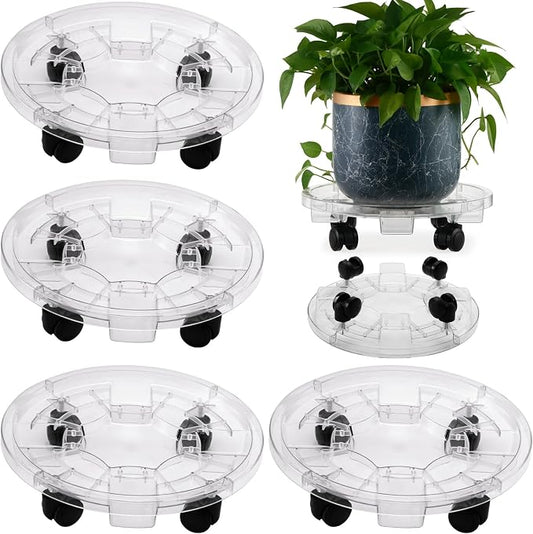 4 Packs 13 Inches Large Clear Plant Caddy Plant Saucers on Wheels Rolling Plant Stands Heavy-duty Plant Dolly Plastic Planter Roller Base Pot Movers Outdoor Plant Tray Coaster