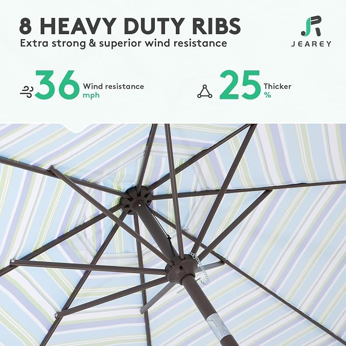 JEAREY 9FT Outdoor Patio Umbrella Outdoor Table Umbrella with Push Button Tilt and Crank, Market Umbrella 8 Sturdy Ribs UV Protection Waterproof for Garden, Deck, Backyard, Pool (Blue Green Stripe)
