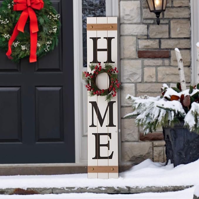 Glitzhome 42”H Wooden Welcome Home Porch Sign with Interchangeable Wreaths for Front Door Vertical Farmhouse Standing Home Sign Hanging Wall Sign for Year Spring Fall Thanksgiving Christmas