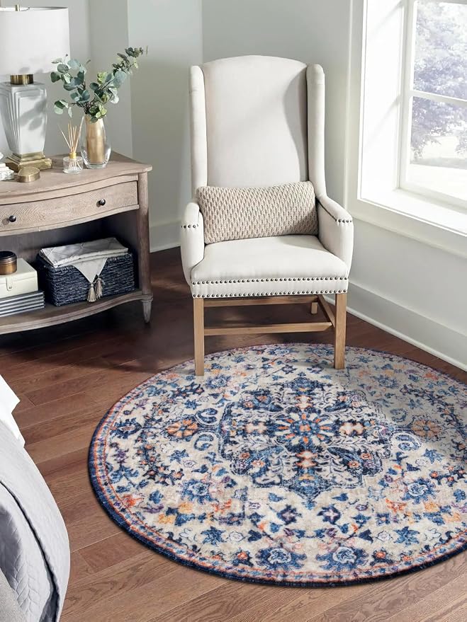 Lahome Reine Bohemian Round Rug 3Ft Small Bedroom Round Area Rug Soft Bathroom Circle Mat, Vintage Washable Non Slip Low Pile Indoor Floor Carpet for Kitchen Laundry Entryway, Blue Purple/Multi