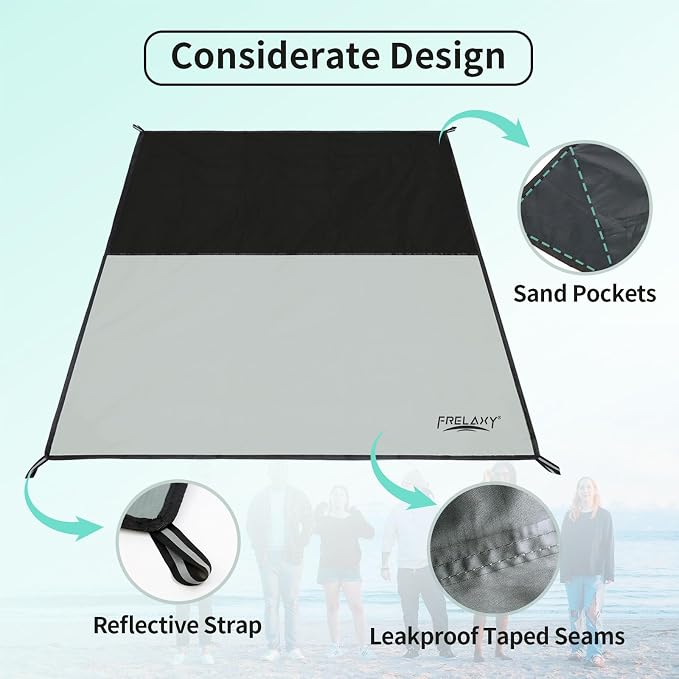 Frelaxy Pocket Picnic Blanket, Waterproof Sandproof Beach Mat, Compact Camping Tarp for Festivals, Hiking, Travel, Outdoor Recreation (Grey, 35'' x 57'')