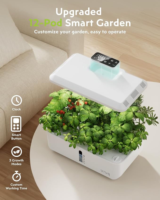 URUQ 12 Pods Hydroponic Growing System LED Grow Light Remote Control White | Quiet Water Pump, Automatic Timer, Height Adjustable for Fresh Herbs, Vegetables, Kitchen Gardening Gifts for Plant Lovers