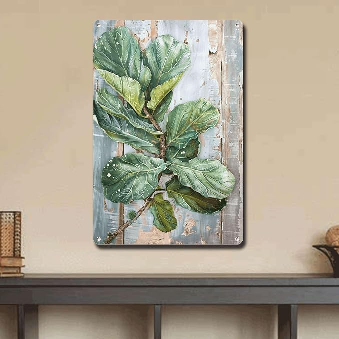 Metal Sign Tin Sign Vintage Wall Art Antique Artistry Fiddle Leaf Tin Sign for Distressed Wood Wall Art Green Thumbs and Botanical Garden Sign for Restaurant 12×16 Inches