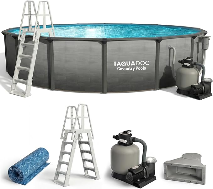 AquaDoc Coventry Round Steel Wall Above Ground Pool Kit 21' x 52" | Premium Package in Pewter Gray Finish with Sand Filter, Wide Mouth Skimmer, Ladder and Sunlight Overlap Liner