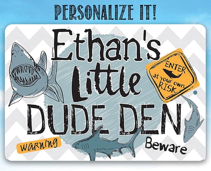 Personalized - Little Dude Den - Customized Boy's Room Decor, Shark Warning Signs for Kids Bedroom and Playroom, Great Baby Shower and Birthday Gifts, 12x18 Indoor or Outdoor Durable Metal Sign