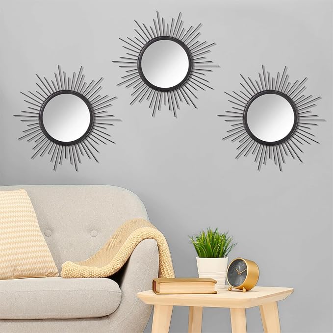 3 Pack Black Metal Wall Mirrors Sunburst Wall Mirrors Home Décor Art Decorative Modern Bohemian Hanging Wall Art for Bedroom Bathroom Living Room Entryway Small 12''