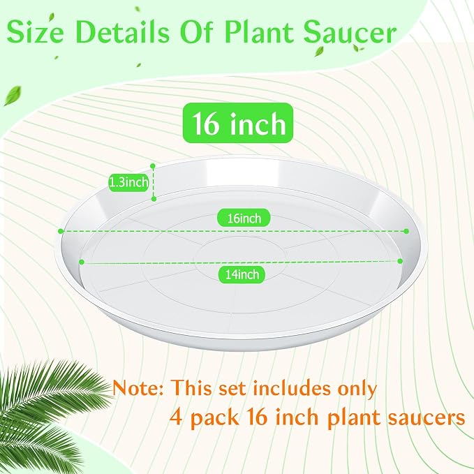 FUIJOL 4 Pack Clear Plant Saucer 16 Inch, Durable Plant Drip Trays Saucers for Pots, No Holes Water Catcher Trays for Indoor Outdoor Planter, Sturdy Base Plate(16", Clear)