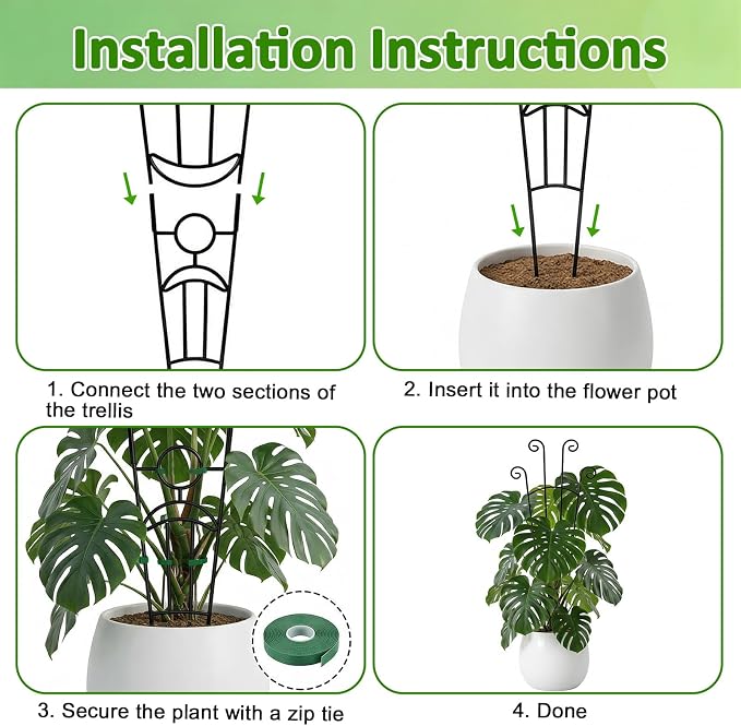 Monstera Plant Support - 4-Pack of 32.6" Tall Plant Trellis Stakes for Large Indoor Vines | Adjustable Dual Pole Frame for Monstera Deliciosa & Potted Plants