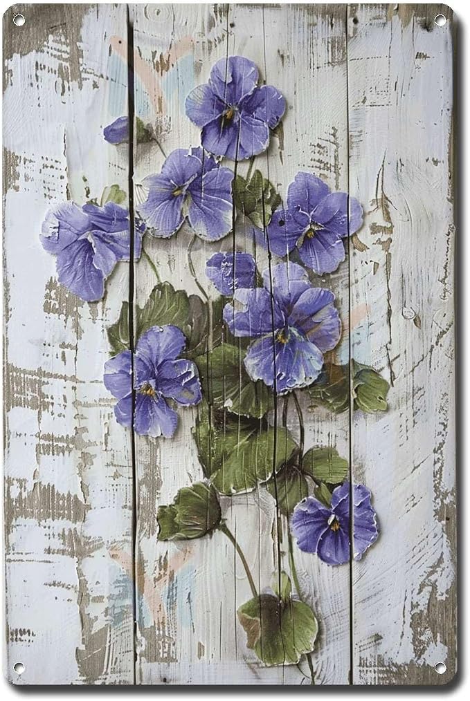 Metal Sign Tin Sign Vintage Wall Art Rustic Charm Violets Tin Sign for Shabby Chic Gardens Cottage Style Decor and Weather Resistant D Bar Signs for Home Bar for Restaurant 8×12 Inches