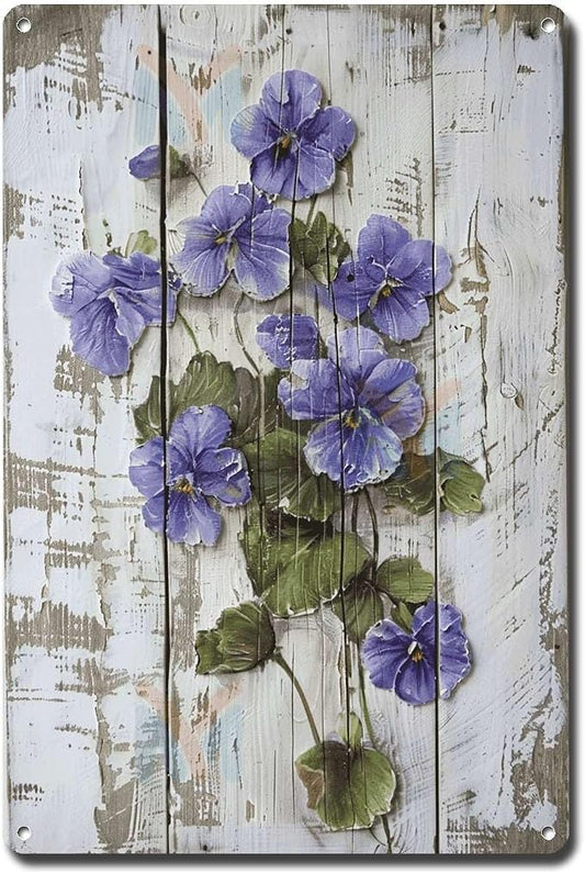 Metal Sign Tin Sign Vintage Wall Art Rustic Charm Violets Tin Sign for Shabby Chic Gardens Cottage Style Decor and Weather Resistant D Bar Signs for Home Bar for Restaurant 8×12 Inches