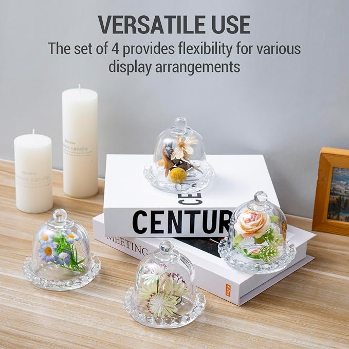 MyGift Set of 4 Mini Glass Cloche Domes with Scalloped Base – Small Round Display Covers for Trinkets, Keepsakes, Jewelry, Collectibles, Party Favors, Table Decorations, and Home Décor