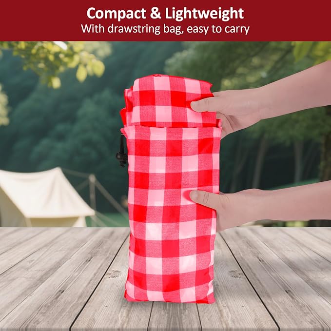 7ft Picnic Table and Bench Cover, Camping Essentials RV Gear, 84 in Waterproof Windproof Outdoor Elastic All Around Tablecloth, Fitted Rectangle Tables and Seats, Red-White Checkered