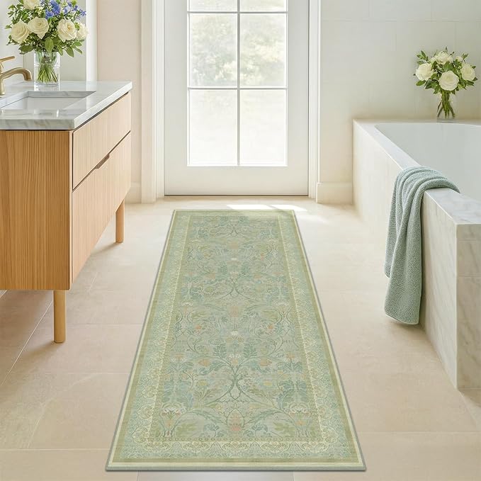 Washable Bathroom Runner Rug 2x5 Non Slip, Sage Green Small Throw Rug for Bedroom Bedside, Entryway, Hallway, Kitchen, Thin Low Pile Cottage Core Pastel Floor Carpet Stain Resistant
