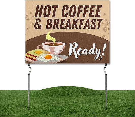 Hot Coffee & Breakfast Ready! Yard Sign by DC | 24"x18" Double Sided Conv. Store Garden Sign with 13” Metal Stakes | Outdoor Signs Waterproof for Lawn, Patio, Sidewalk & House | Set of 4 | Made in USA