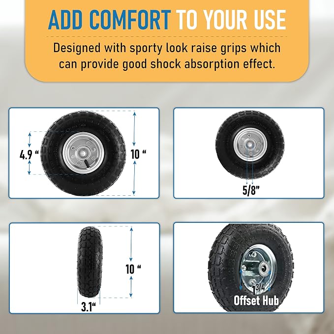 10-Inch Replacement Tire and Wheel 4.10/3.50-4" - 10” Pneumatic Utility Tires for Cart, Dolly, Hand Truck, Generator, Lawnmower, Garden Wagon with 5/8” Axle Bore Hole - Double Sealed Bearings (4 pack)