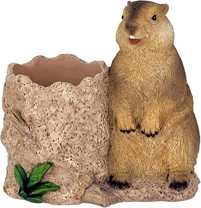 Groundhog Resin Figurine Planter, Animal Figurine Pen Holder, Decorative Indoor Outdoor Flower Pot, Nature Theme Garden Decor, Statue Sculpture (Brown)