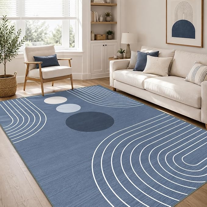 Area Rug 5x7 Boho Modern Minimalist Geometric Abstract Rug Dusty Blue Mid Century Modern Rug for Living Room Machine Washable Non-Slip Printed Low Pile Indoor Carpet for Bedroom Dining Room Office