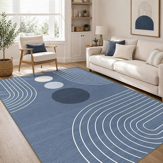 Area Rug 5x7 Boho Modern Minimalist Geometric Abstract Rug Dusty Blue Mid Century Modern Rug for Living Room Machine Washable Non-Slip Printed Low Pile Indoor Carpet for Bedroom Dining Room Office