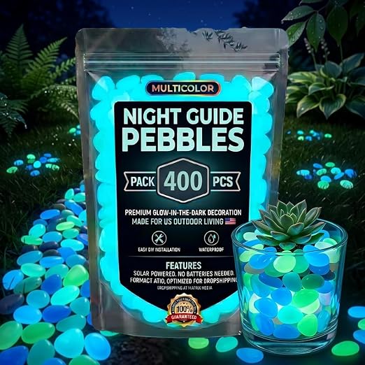 Glow Colorful in the Dark Garden Rocks – Night Guide Stones for Yard, Walkways, Fish Tanks & Landscaping, Luminous Outdoor Decorative Pebbles for Aquarium, Pathway, and Garden Decor (400, Blue)