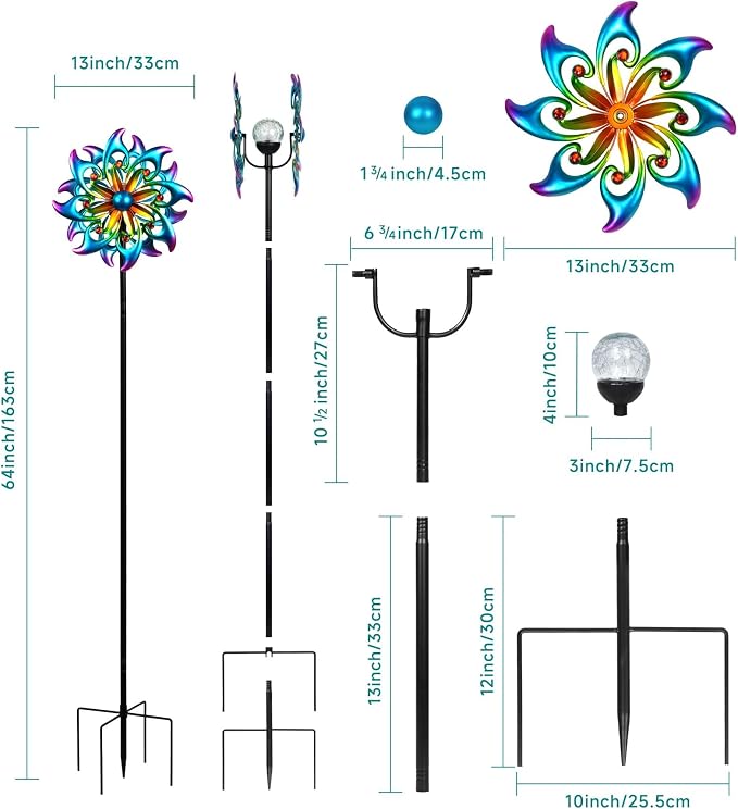 Solar Wind Spinner Metal Bird of Paradise Kinetic Garden Yard Art | Multi-color solar glow orb,Bird of paradise metal spinner,Whisper-quiet bearings,Stable 5-prong stake,Hand-Crafted Art