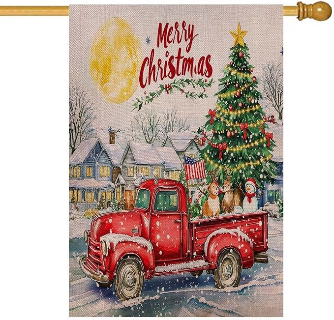 EMMTEEY Truck Garden Flag Red Truck with Christmas Tree House Burlap Garden Flags Large Outdoor Flags 28X40 Double Sided Winter Garden Flags Holiday Flags for Outside for Winter Christmas Decoration
