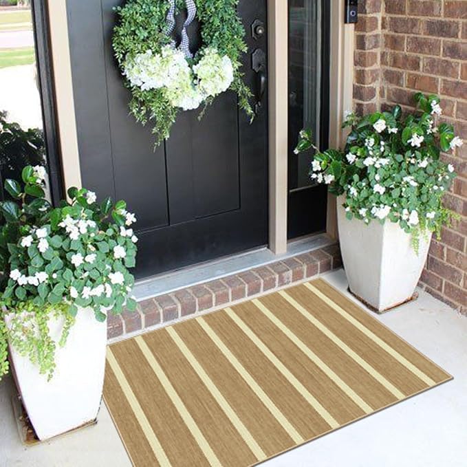 Indoor Front Door Mat, 2x3 Cottage Tan Beige Striped Front Door Rug | Non-Slip Washable Doormat Indoor Outdoor Entrance Small Rugs for Entryway Bedroom Kitchen Mat for Floor Front Porch Decor