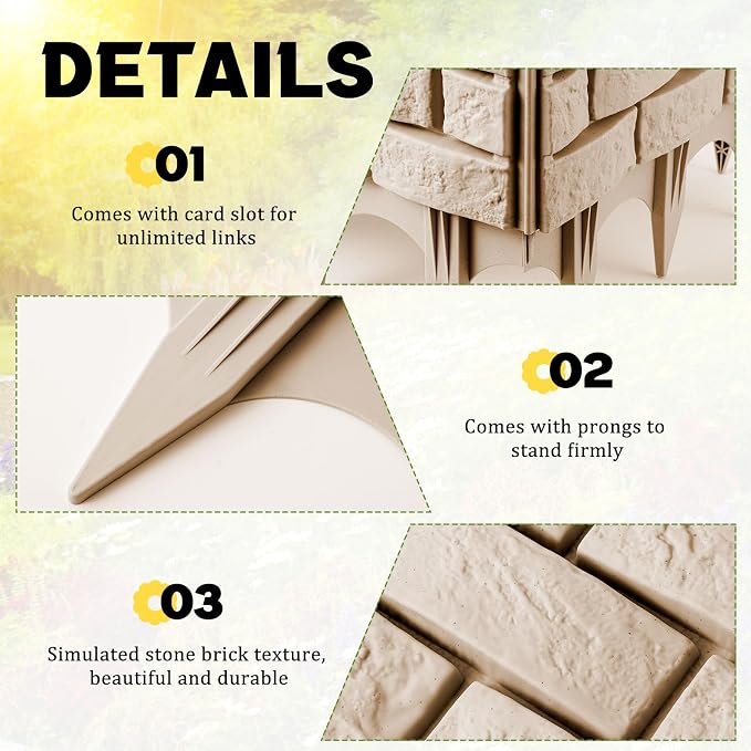 Landical 16 Pcs Imitation Stone Garden Fence, Faux Stone Retaining Wall Look Garden Bricks Border with Ground Stakes, 17.3 x 12.6 in Gray Plastic Edging Blocks for Flower Beds, Lawn, Mulch (Yellow)
