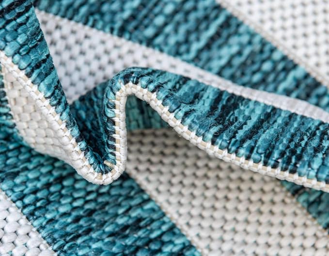 Unique Loom Outdoor Striped Collection Area Rug - Striped (5' 1" x 8' Rectangle, Teal/Ivory)