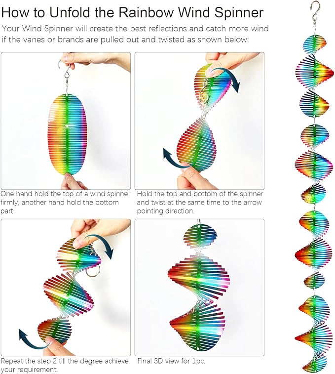 Aoedelyart Rainbow Wave Wind Spinners Outdoor Hanging Decor Wind Sculpture,7In Stainless Steel Bird Scare Devices Reflective Wind Spinner,Bird Deterrents for Outside,Yard Garden Ornaments Gifts(4Pack)