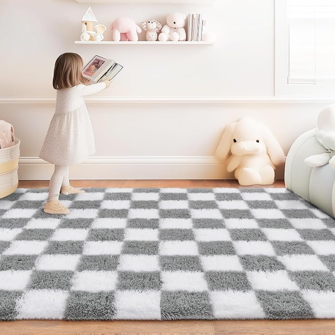 Checkered Rug for Living Room 6x9, Ultra Fluffy Fuzzy Shag Large Area Rug for Bedroom, Modern Plush Soft Upgrade Non-Slip Carpet for Kids Girls and Boys Room Dorm Home Decor, White and Grey