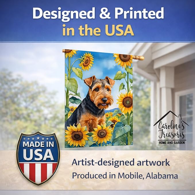 Caroline's Treasures DAC6172CHF Welsh Terrier in Sunflowers House Flag Large Porch Sleeve Pole Decorative Outside Yard Banner Artwork Wall Hanging, Polyester, House Size, Multicolor