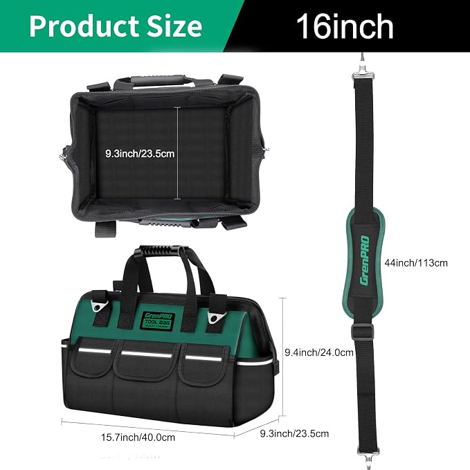 GrenPRO Heavy Duty Tool Bag for Men, 16 Inch Wide Mouth Tool Bags Organizer, Soft Handle Toolbox Storage, Large Zipper Electrician Tool Bag