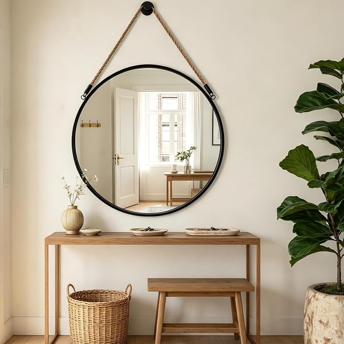 POZINO 24" Round Mirror with Black Frame, Hanging Mirror for Wall | Circle HD Mirror with Jute Rope, Anti-Rust, Farmhouse Decorative Wall Mirror for Entryway, Living Room, Fireplace, Bathroom