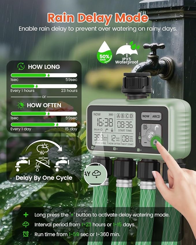 Sprinkler Timer 4 Zone Water Timer for Garden Hose Programmable Outdoor Hose Faucet Controller with Rain Delay Manual and Automatic Irrigation Controller System Low Battery Warning for Lawn Yard