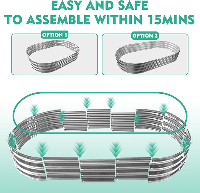 YSEJOMP 6X3X1 FT Oval Galvanized Metal Garden Raised Bed/Plant Box for Planting,36 Inches Diameter Iron Fire Pit Ring,Small Animal Fence-3 in 1 Modular Design in Black (Silver, 72X36X11.5 Inches)