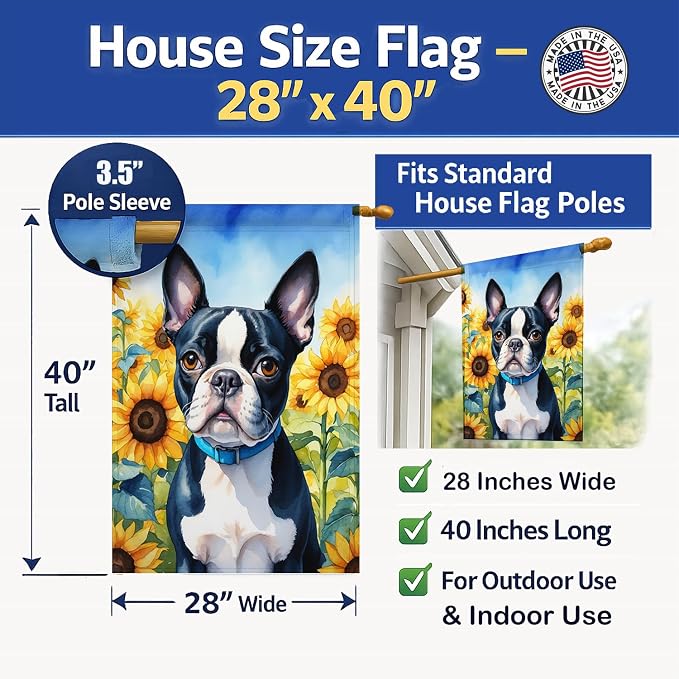 Caroline's Treasures DAC6036CHF Boston Terrier in Sunflowers House Flag Large Porch Sleeve Pole Decorative Outside Yard Banner Artwork Wall Hanging, Polyester, House Size, Multicolor