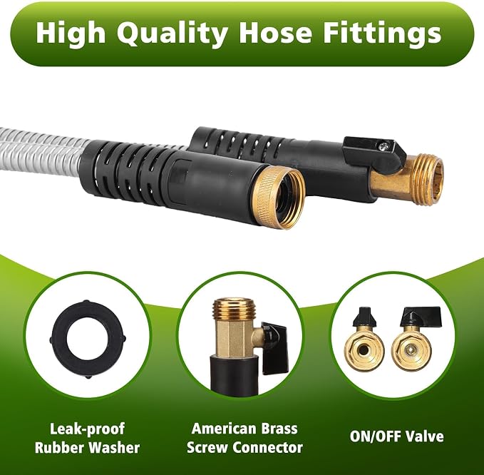 Metal Garden Hose 100ft Stainless Steel Hose Heavy Duty Flexible Water Hose with 10 Way Spray Nozzle 3/4 Solid Brass Fittings-Outdoor Yard Lightweight No Kink Leak Resistant Water Pipe